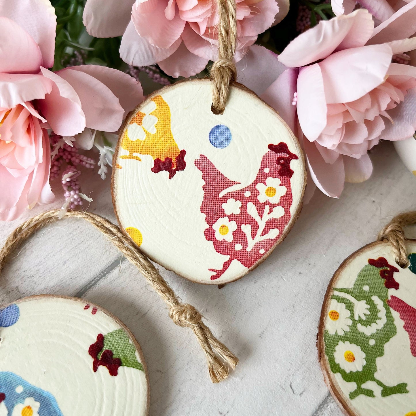 Rustic Wood Slice Easter Decorations Set of 4 Emma Bridgewater Spring Chicken Design