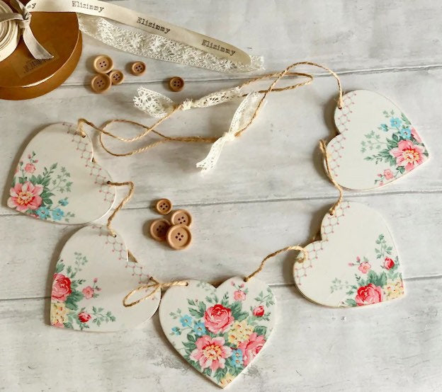 Pretty Floral Wooden Heart Bunting Greengate Decoupaged
