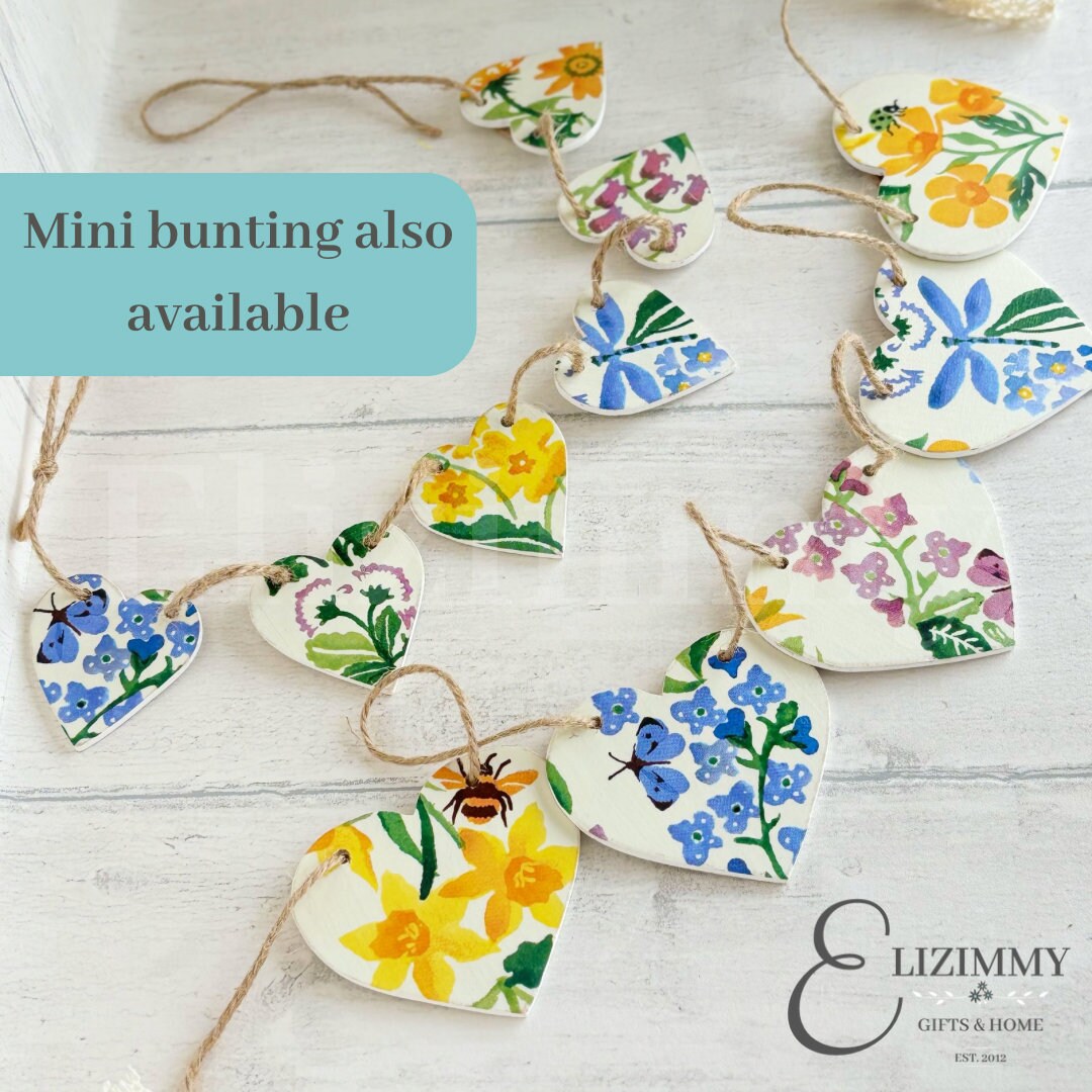 Handmade Wooden Floral Heart Bunting Garland Decoupaged in Emma Bridgewater Wildflowers