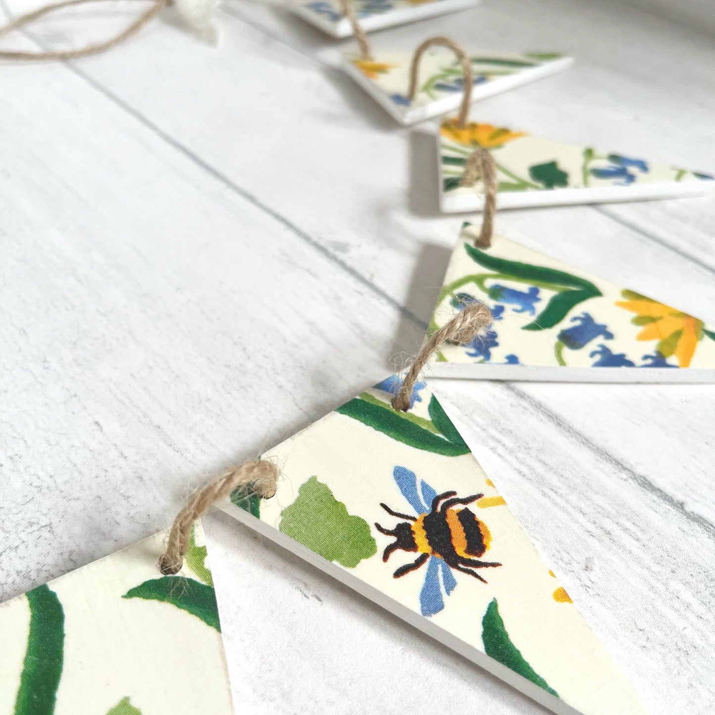 Spring Summer Themed Wooden Handmade Bunting. Emma Bridgewater Bluebell and Celandine Floral Design