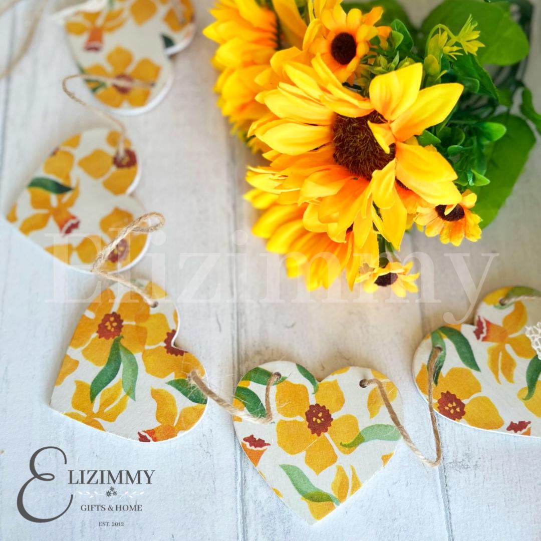 Handmade Daffodil Floral Wooden Bunting Heart Garland Decoupaged in Emma Bridgewater Daffodil Design.
