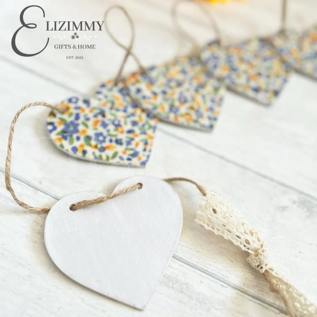 Handmade Ditsy Floral Bunting Wooden Heart Garland. Decoupaged in Emma Bridgewater Wildflower Meadow Design