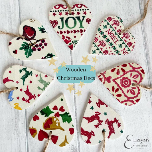 Wooden Heart Shaped Christmas Hanging Tree Decorations or Gift Tags Decoupaged in Emma Bridgewater Designs