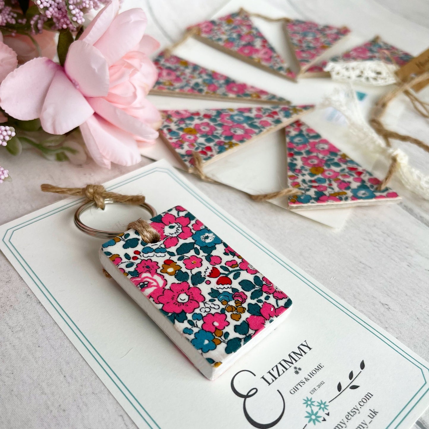 Liberty Wooden Key Rings Decoupaged in Liberty of London Tana Lawn Fabric