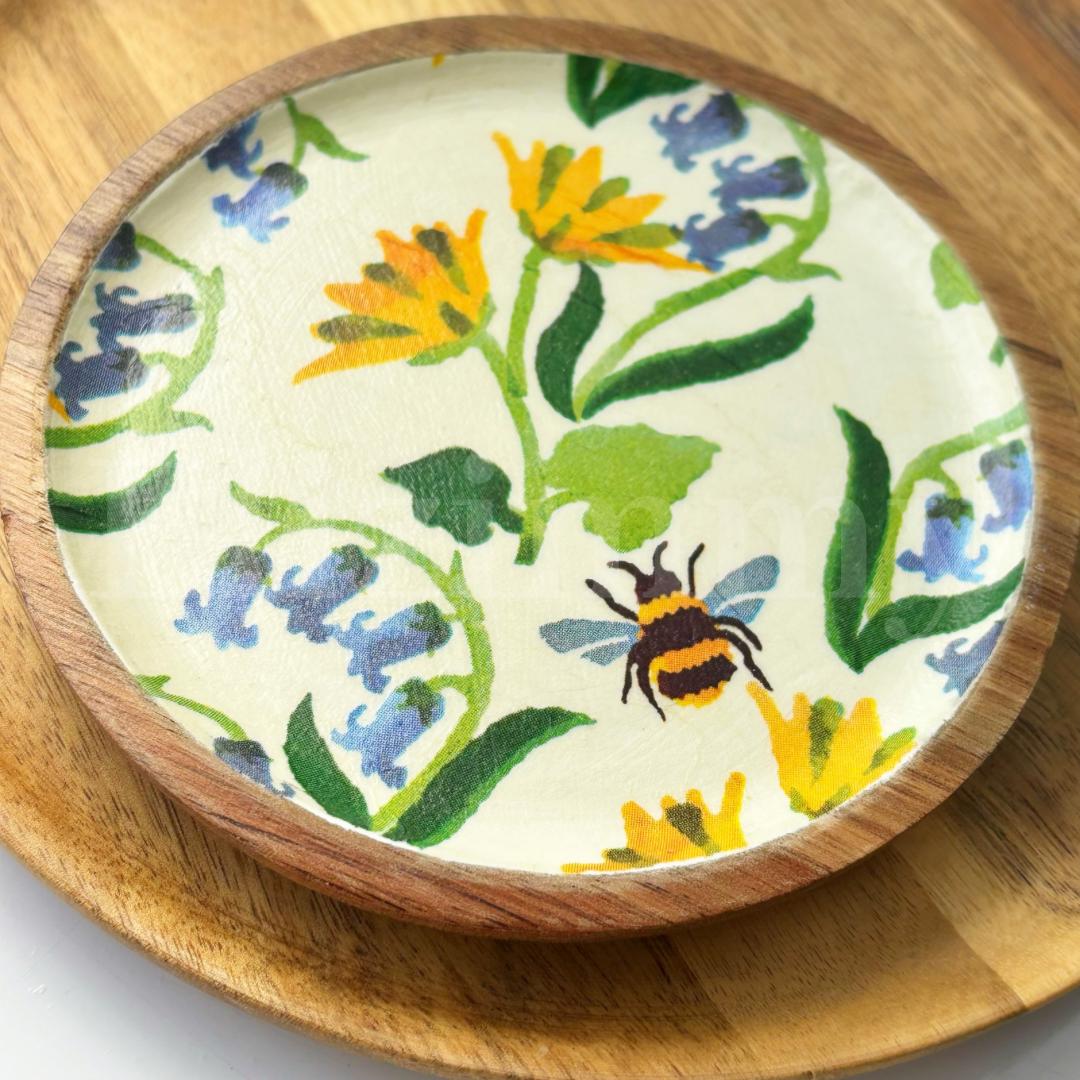 Wooden Trinket Jewellery Dish Decoupaged in Emma Bridgewater Bluebell and Celandine Design