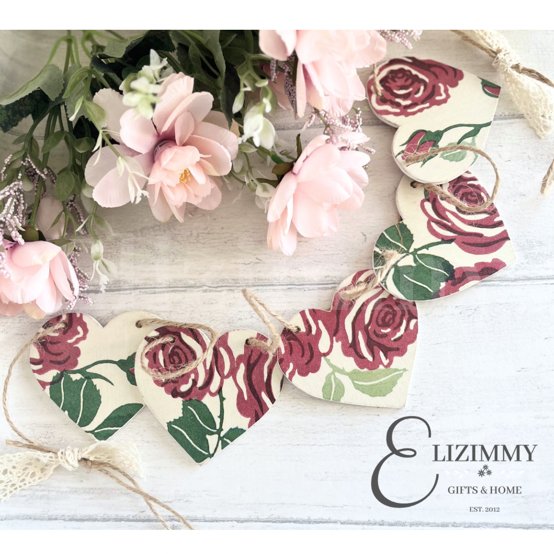 Handmade Wooden Heart Bunting Garland. Emma Bridgewater Pink Roses Decoupaged.