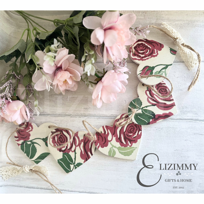 Handmade Wooden Heart Bunting Garland. Emma Bridgewater Pink Roses Decoupaged.