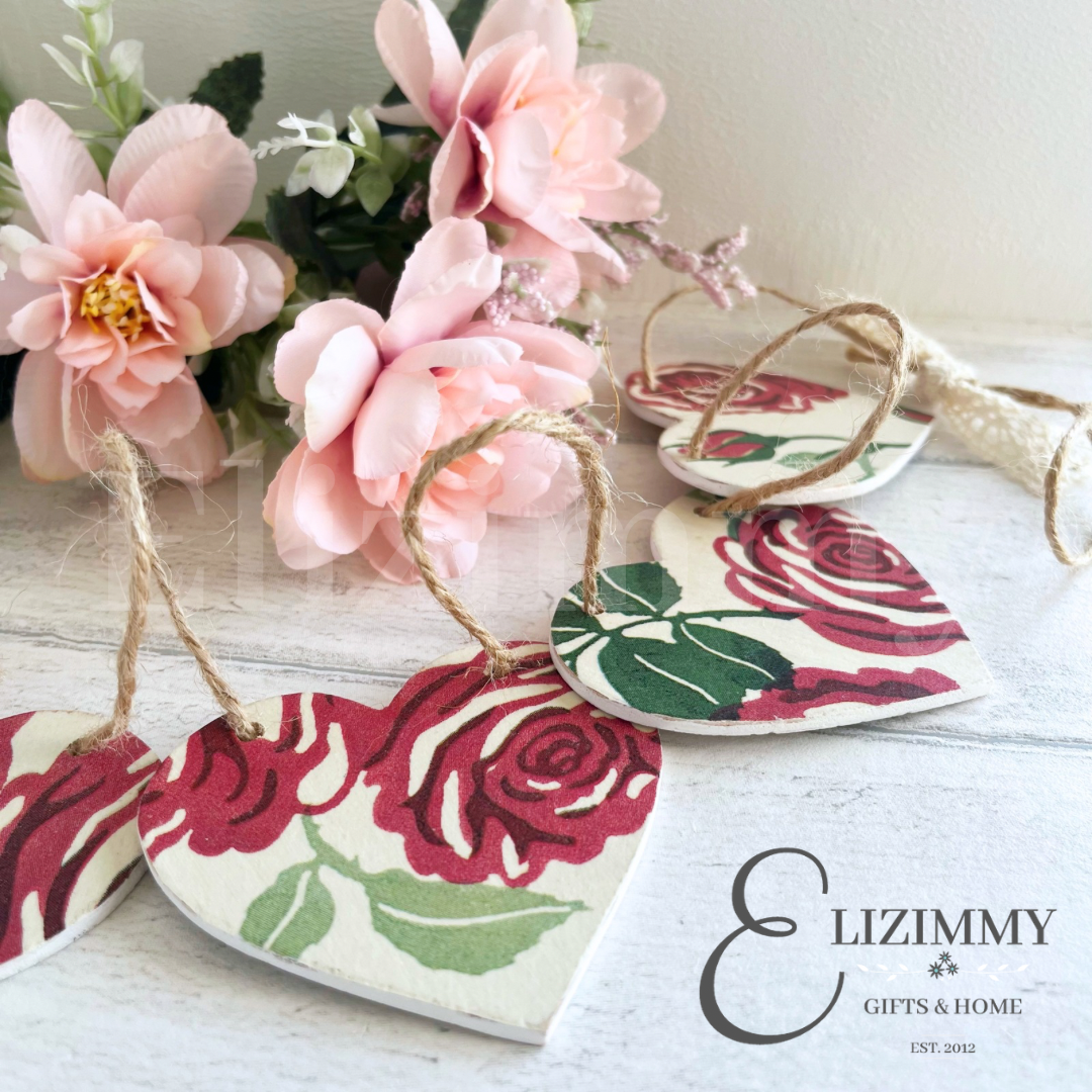 Handmade Wooden Heart Bunting Garland. Emma Bridgewater Pink Roses Decoupaged.