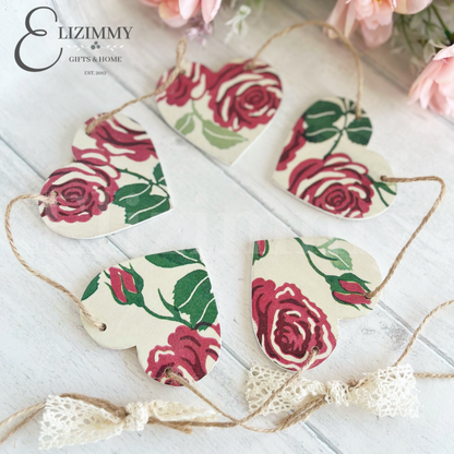 Handmade Wooden Heart Bunting Garland. Emma Bridgewater Pink Roses Decoupaged.