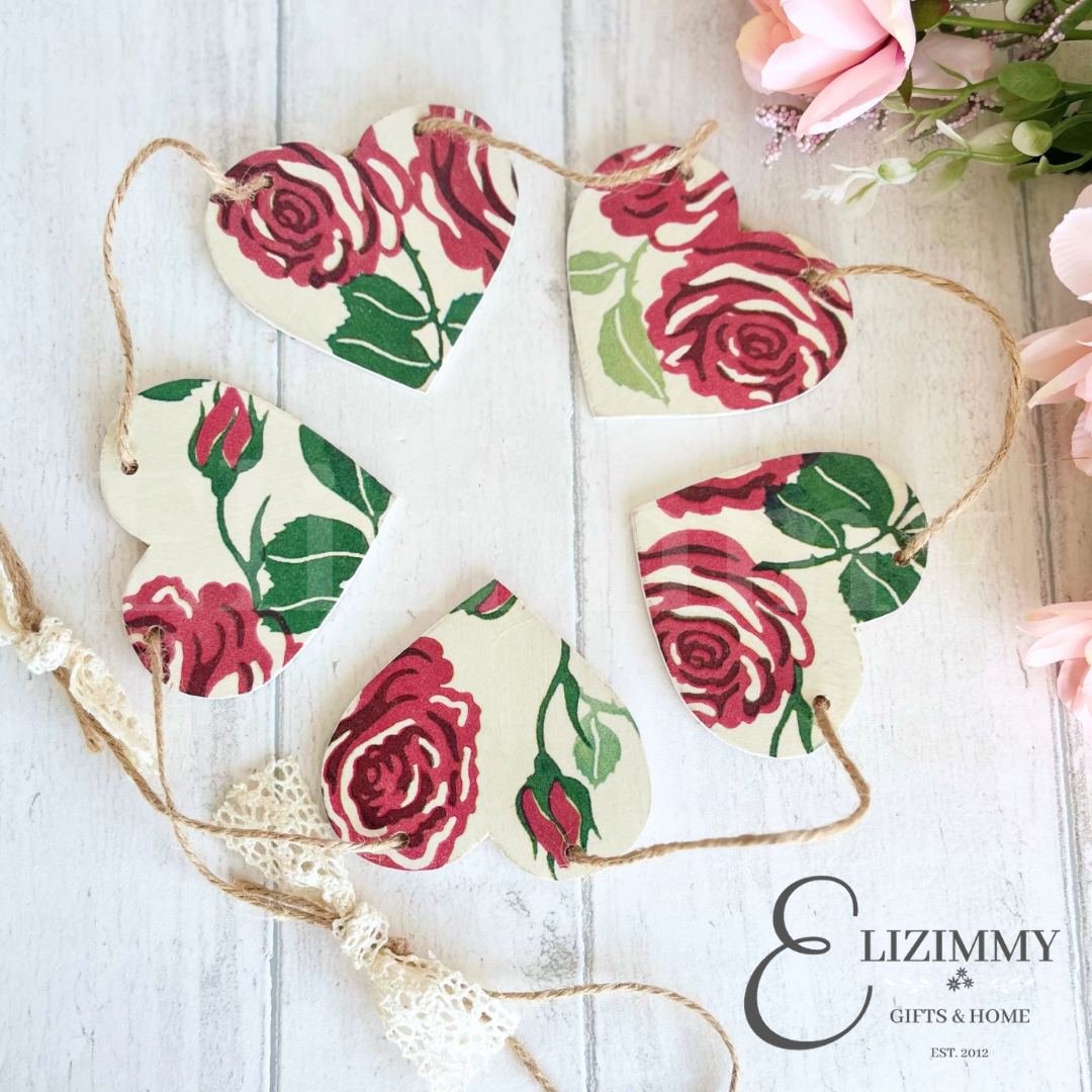Handmade Wooden Heart Bunting Garland. Emma Bridgewater Pink Roses Decoupaged.
