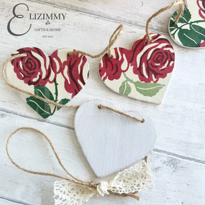 Handmade Wooden Heart Bunting Garland. Emma Bridgewater Pink Roses Decoupaged.