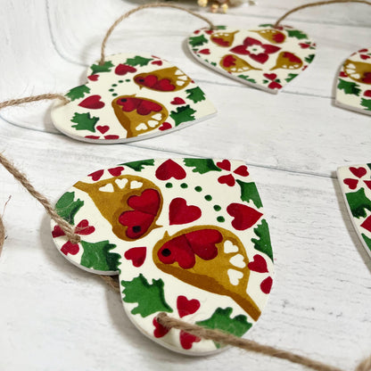 Christmas Robin Heart Bunting Handmade Wooden Garland in Emma Bridgewater Robin Joy