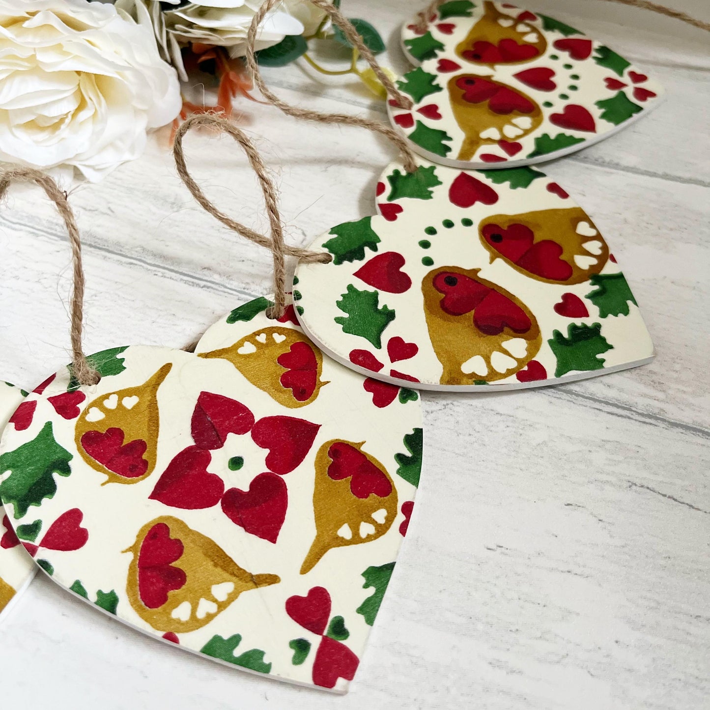 Christmas Robin Heart Bunting Handmade Wooden Garland in Emma Bridgewater Robin Joy