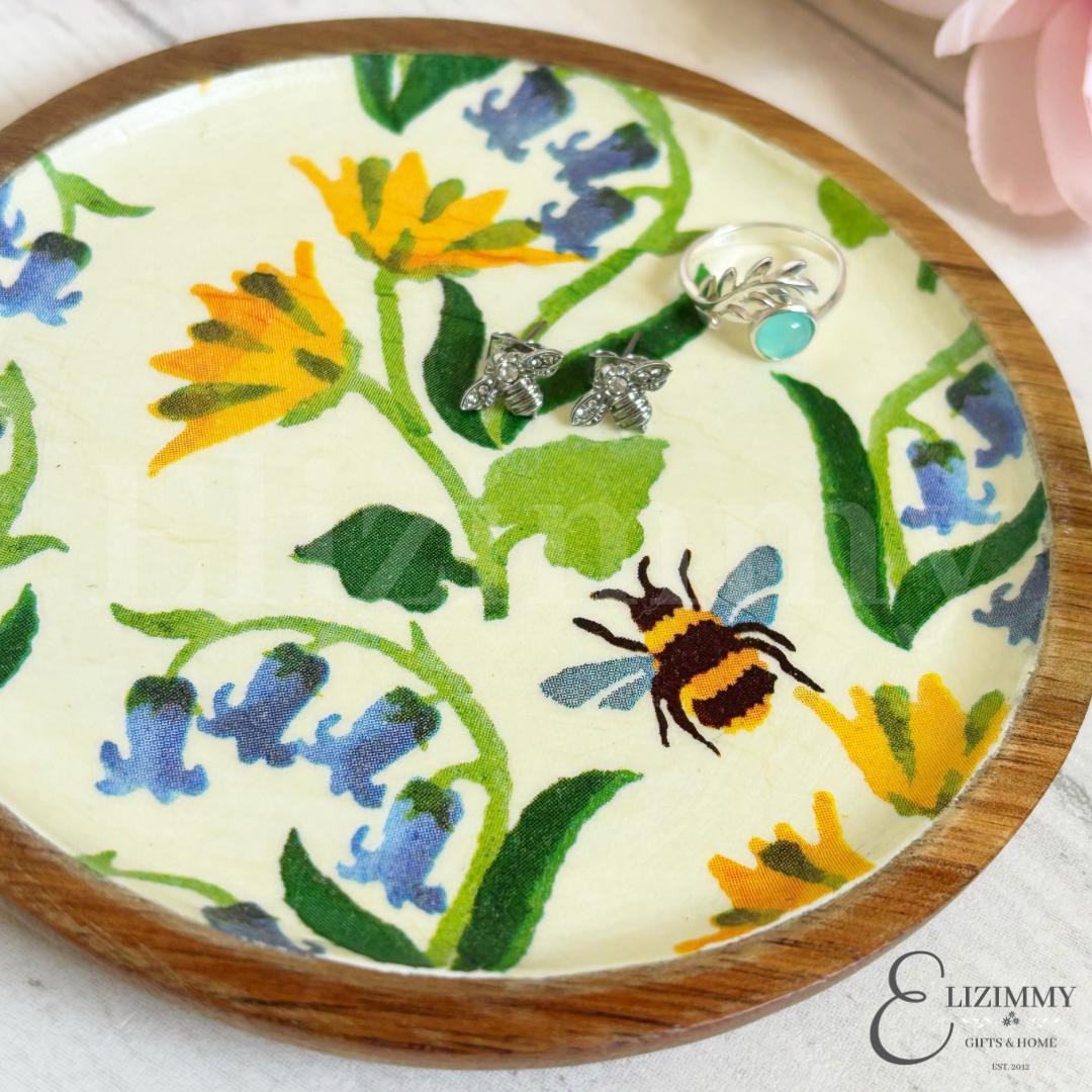 Wooden Trinket Jewellery Dish Decoupaged in Emma Bridgewater Bluebell and Celandine Design