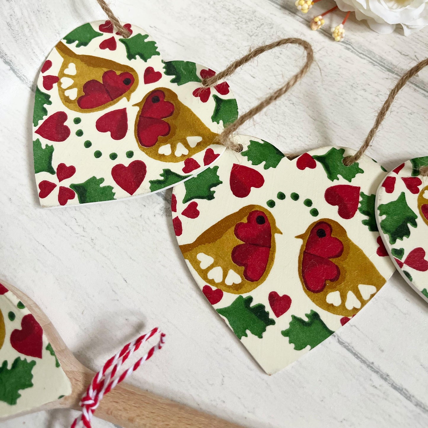 Christmas Robin Heart Bunting Handmade Wooden Garland in Emma Bridgewater Robin Joy