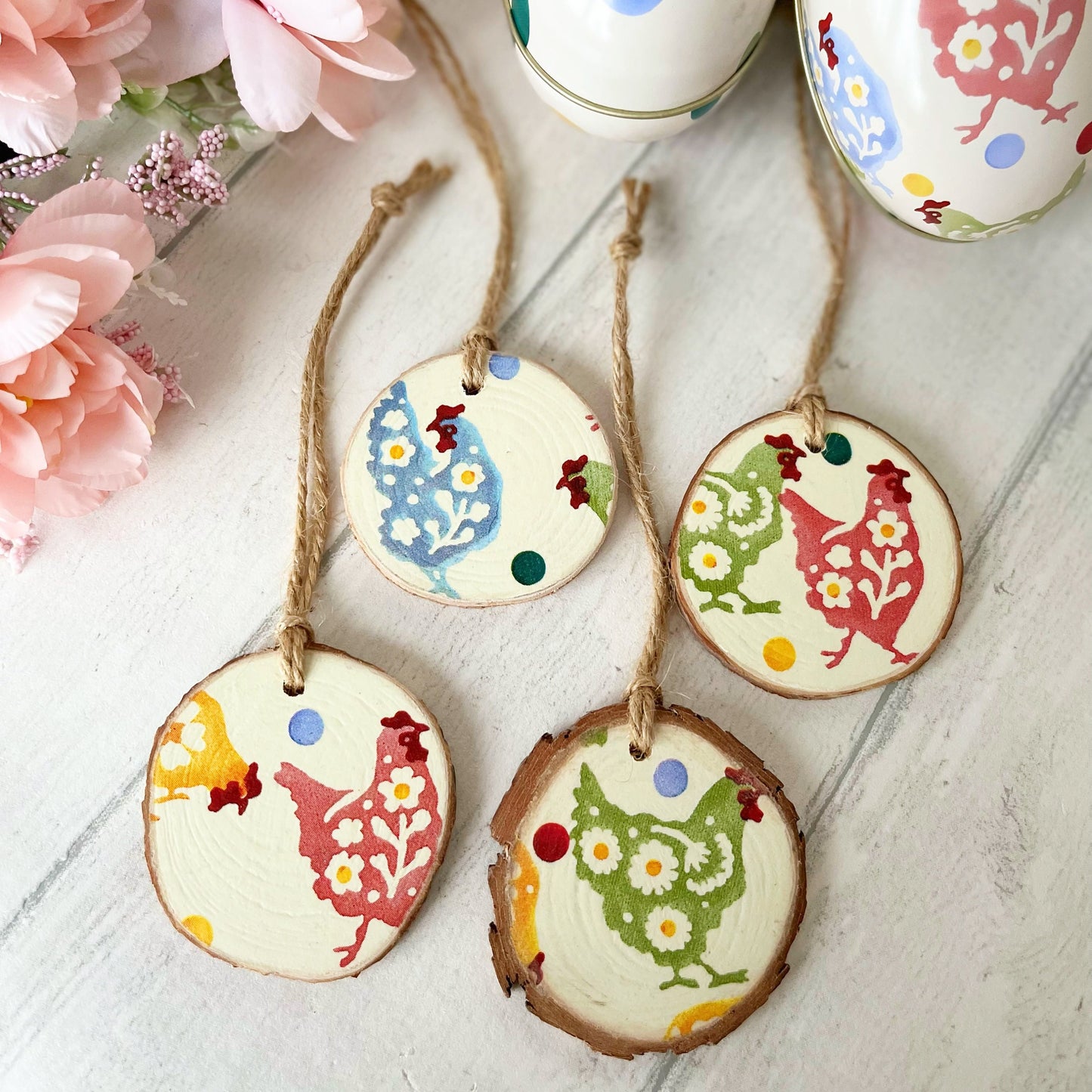 Rustic Wood Slice Easter Decorations Set of 4 Emma Bridgewater Spring Chicken Design