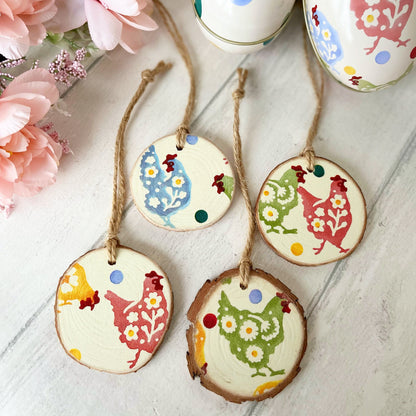 Rustic Wood Slice Easter Decorations Set of 4 Emma Bridgewater Spring Chicken Design