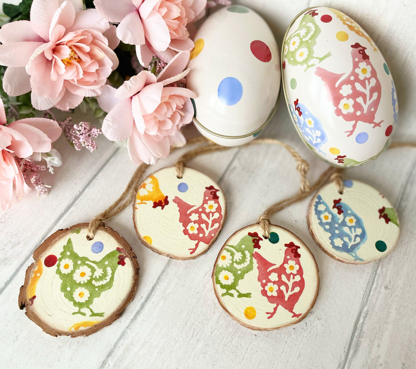 Rustic Wood Slice Easter Decorations Set of 4 Emma Bridgewater Spring Chicken Design