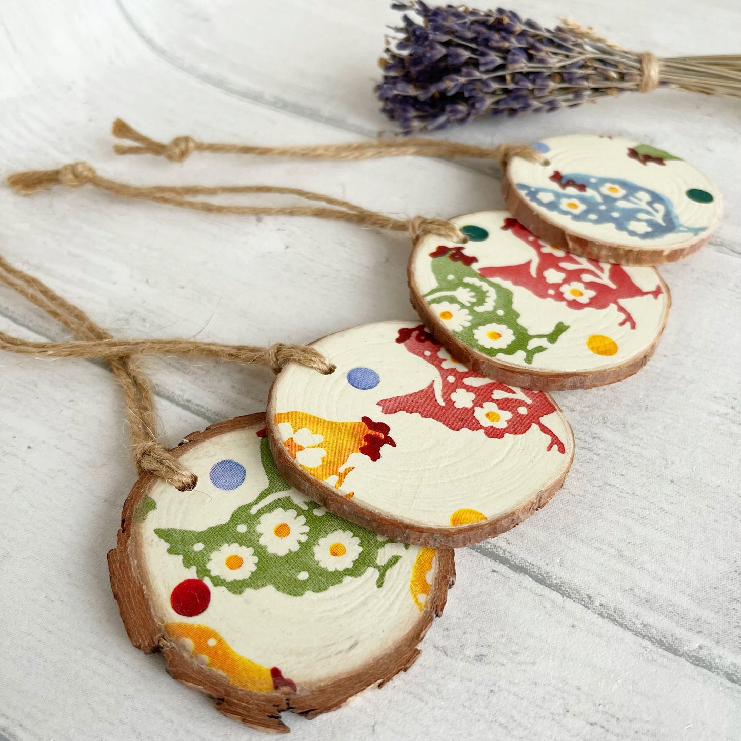 Rustic Wood Slice Easter Decorations Set of 4 Emma Bridgewater Spring Chicken Design