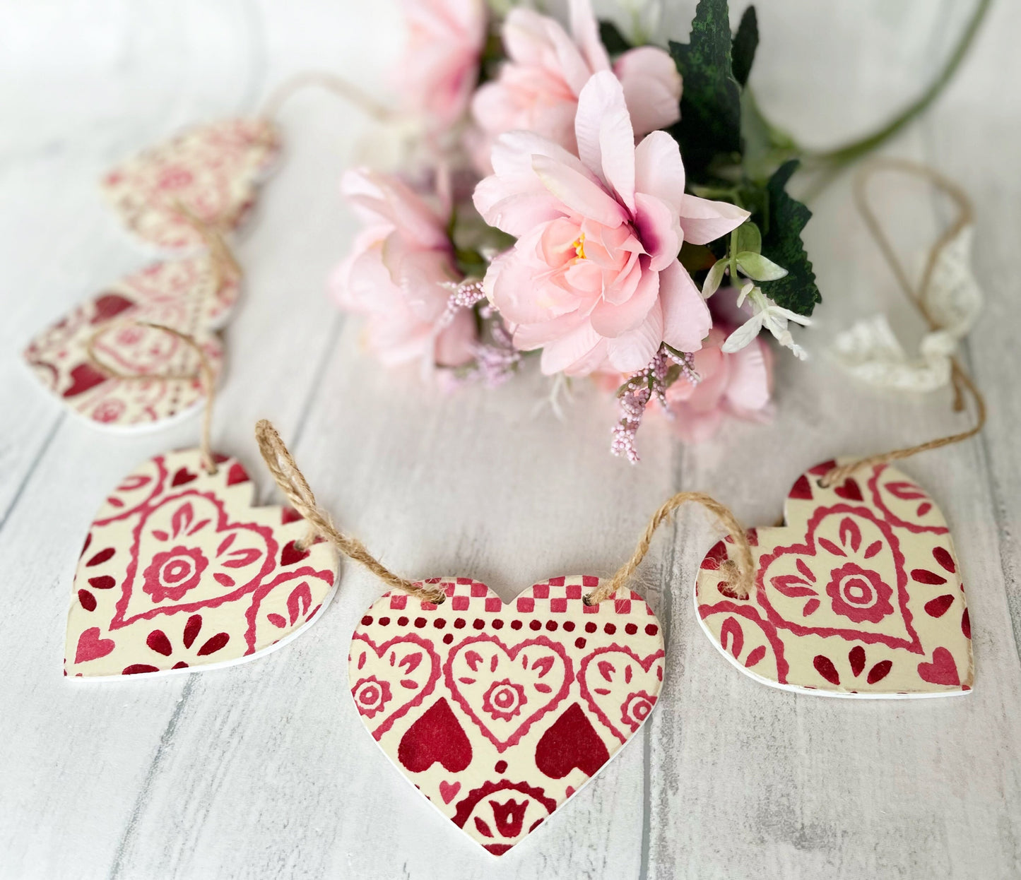 Handmade Emma Bridgewater Red Sampler Wooden Heart Bunting Garland