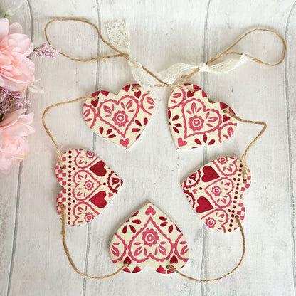 Handmade Emma Bridgewater Red Sampler Wooden Heart Bunting Garland