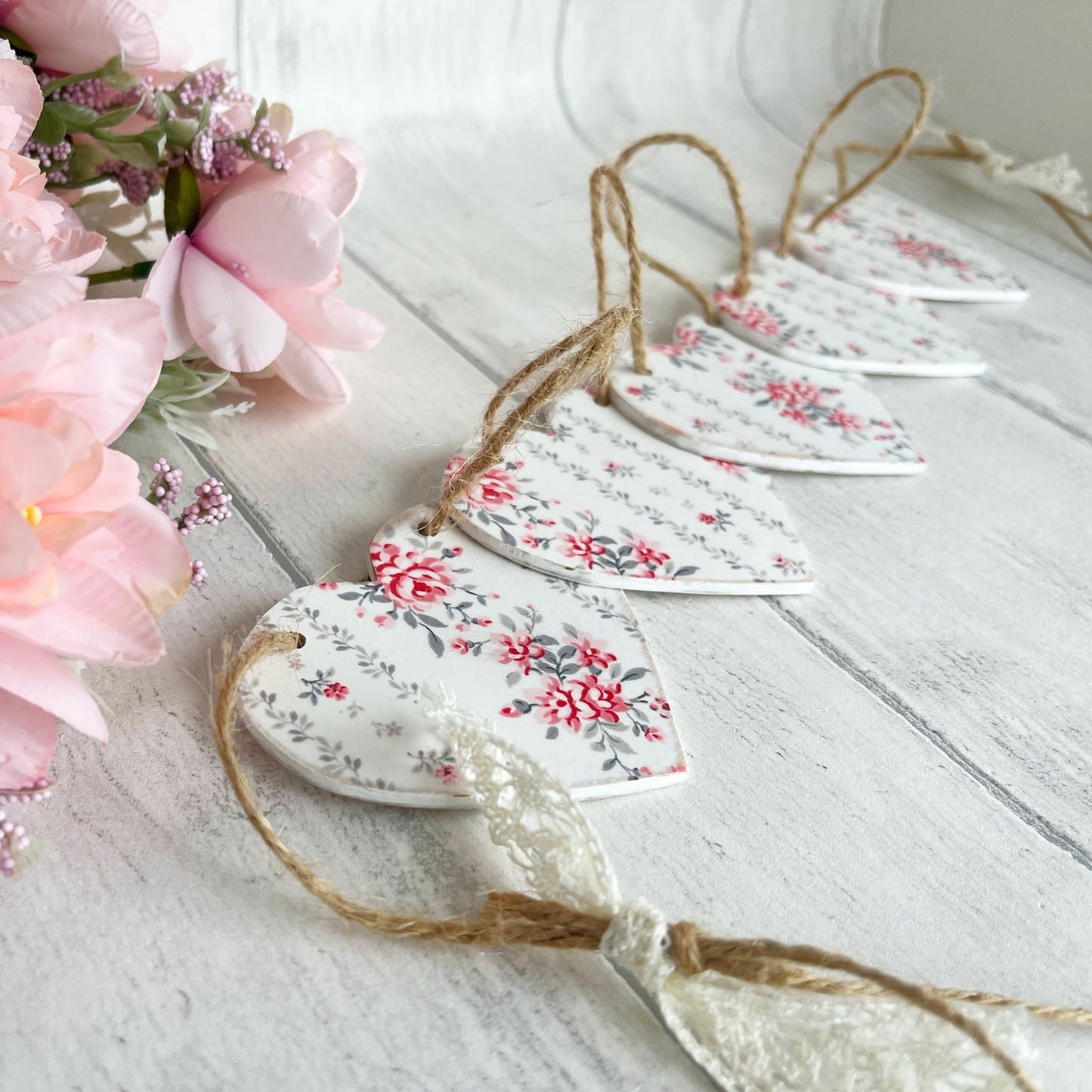 Pretty Floral Wooden Heart Bunting Greengate Decoupaged