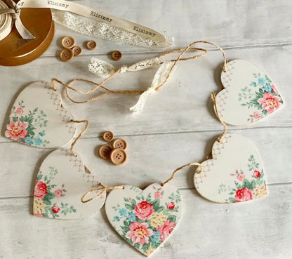Pretty Floral Wooden Heart Bunting Greengate Decoupaged