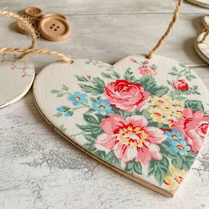 Pretty Floral Wooden Heart Bunting Greengate Decoupaged