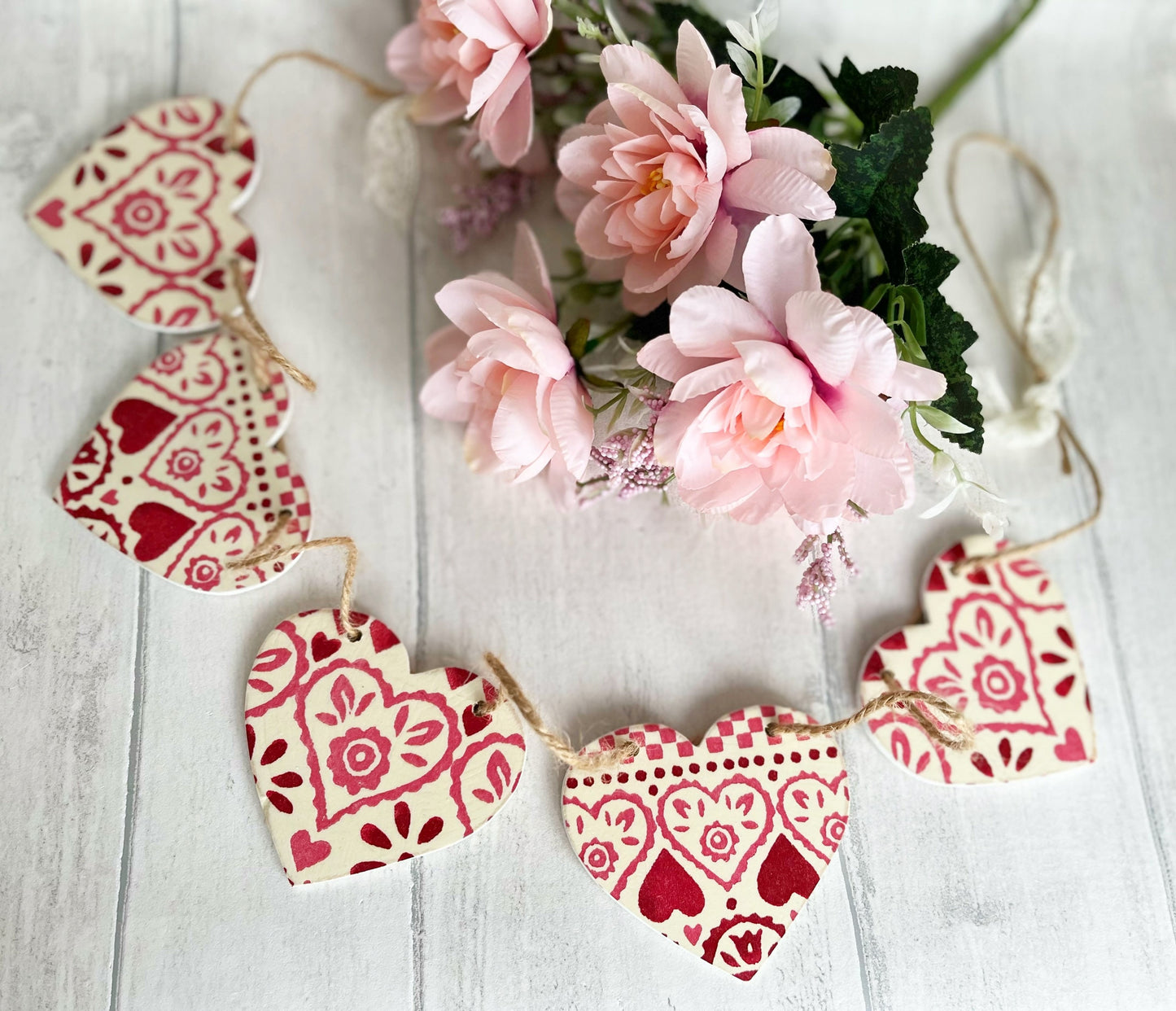 Handmade Emma Bridgewater Red Sampler Wooden Heart Bunting Garland