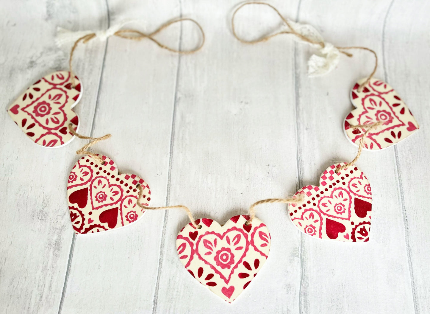 Handmade Emma Bridgewater Red Sampler Wooden Heart Bunting Garland