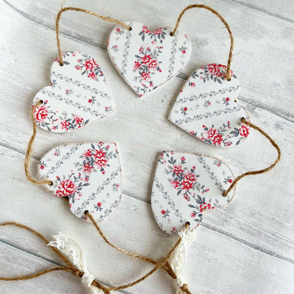 Pretty Floral Wooden Heart Bunting Greengate Decoupaged