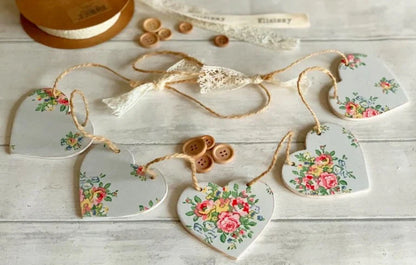 Pretty Floral Wooden Heart Bunting Greengate Decoupaged