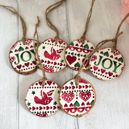 Rustic Wood Slice Christmas Tree Decorations Set of 6 Decoupaged in Emma Bridgewater Designs