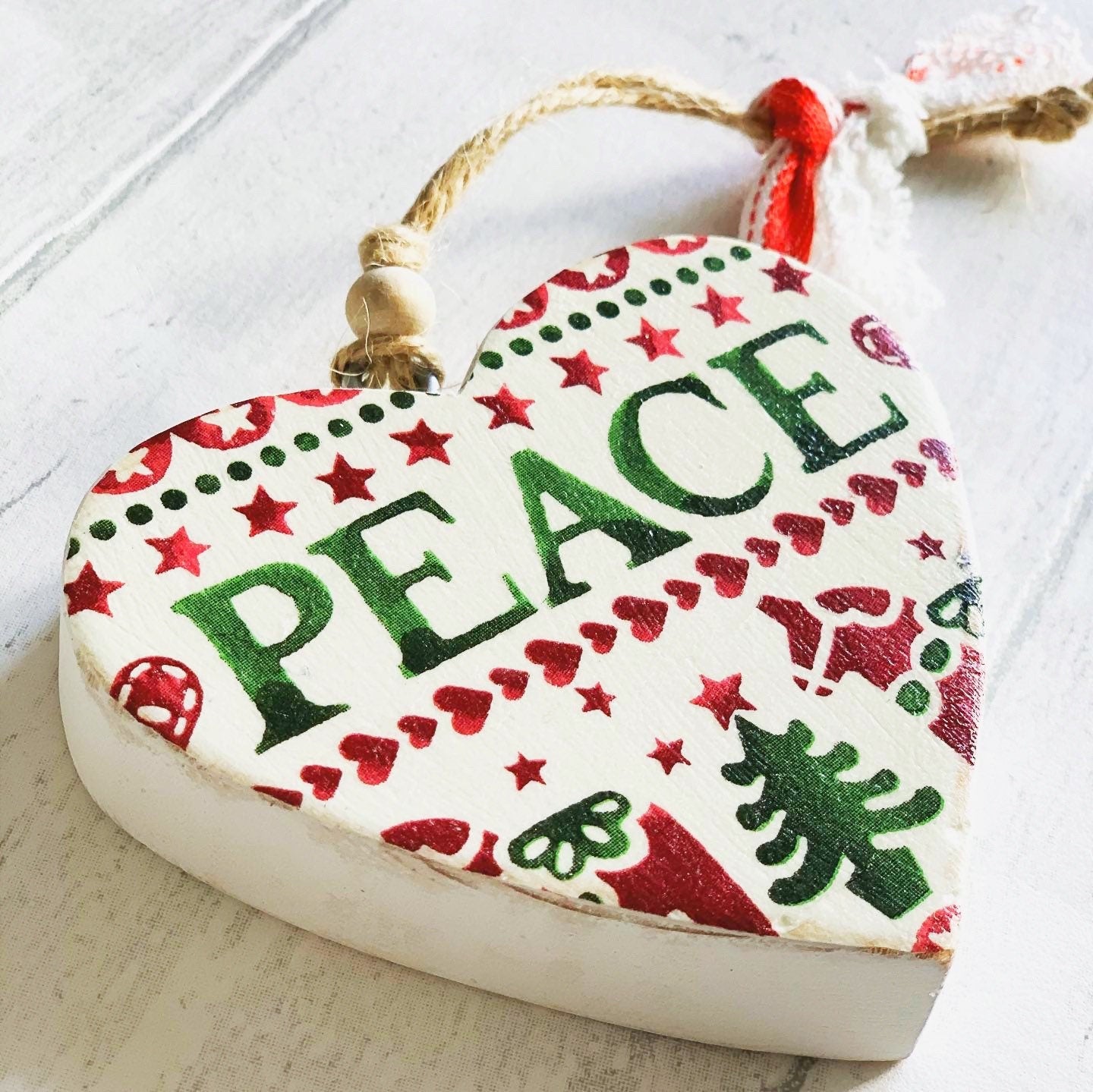 Christmas Handmade Wooden Hanging Heart Decoration Decoupaged With Emma Bridgewater Christmas Napkins