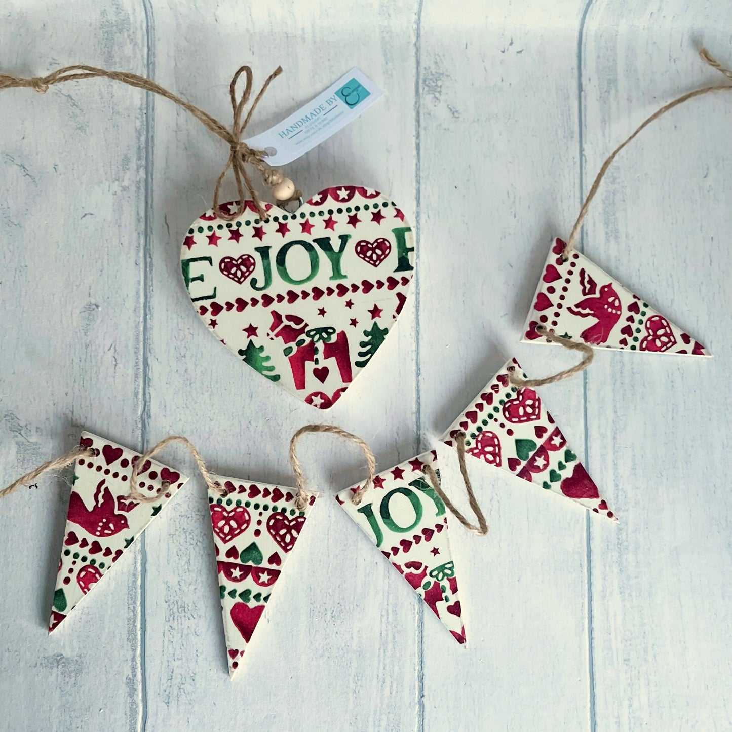 Christmas Handmade Wooden Hanging Heart Decoration Decoupaged With Emma Bridgewater Christmas Napkins