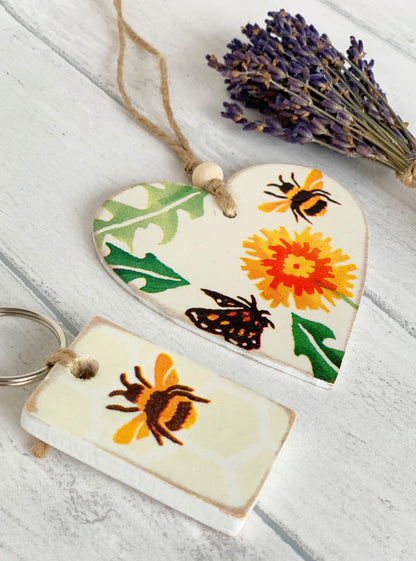 Dandelion and Bee Emma Bridgewater Design Wooden Key Fob and Hanging Heart Gift Set