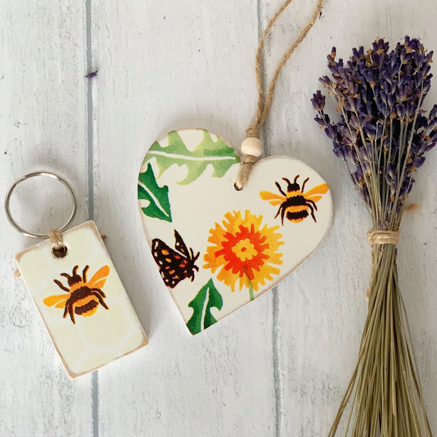 Dandelion and Bee Emma Bridgewater Design Wooden Key Fob and Hanging Heart Gift Set