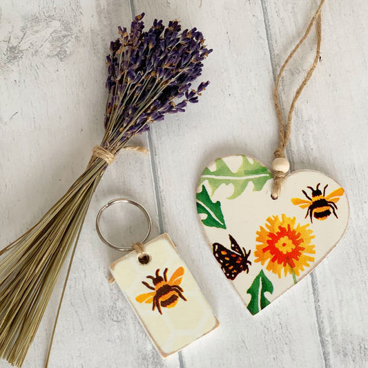 Dandelion and Bee Emma Bridgewater Design Wooden Key Fob and Hanging Heart Gift Set