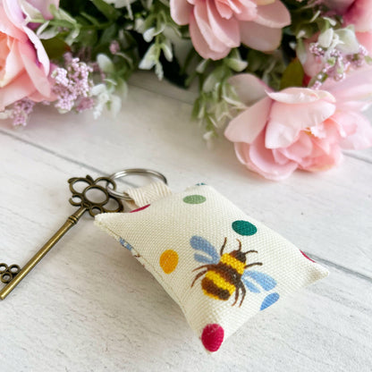 Bees and Polka Dots Handmade Fabric Key Rings Made Using Upcycled Emma Bridgewater Tea Towel