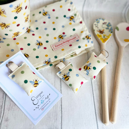 Bees and Polka Dots Handmade Fabric Key Rings Made Using Upcycled Emma Bridgewater Tea Towel