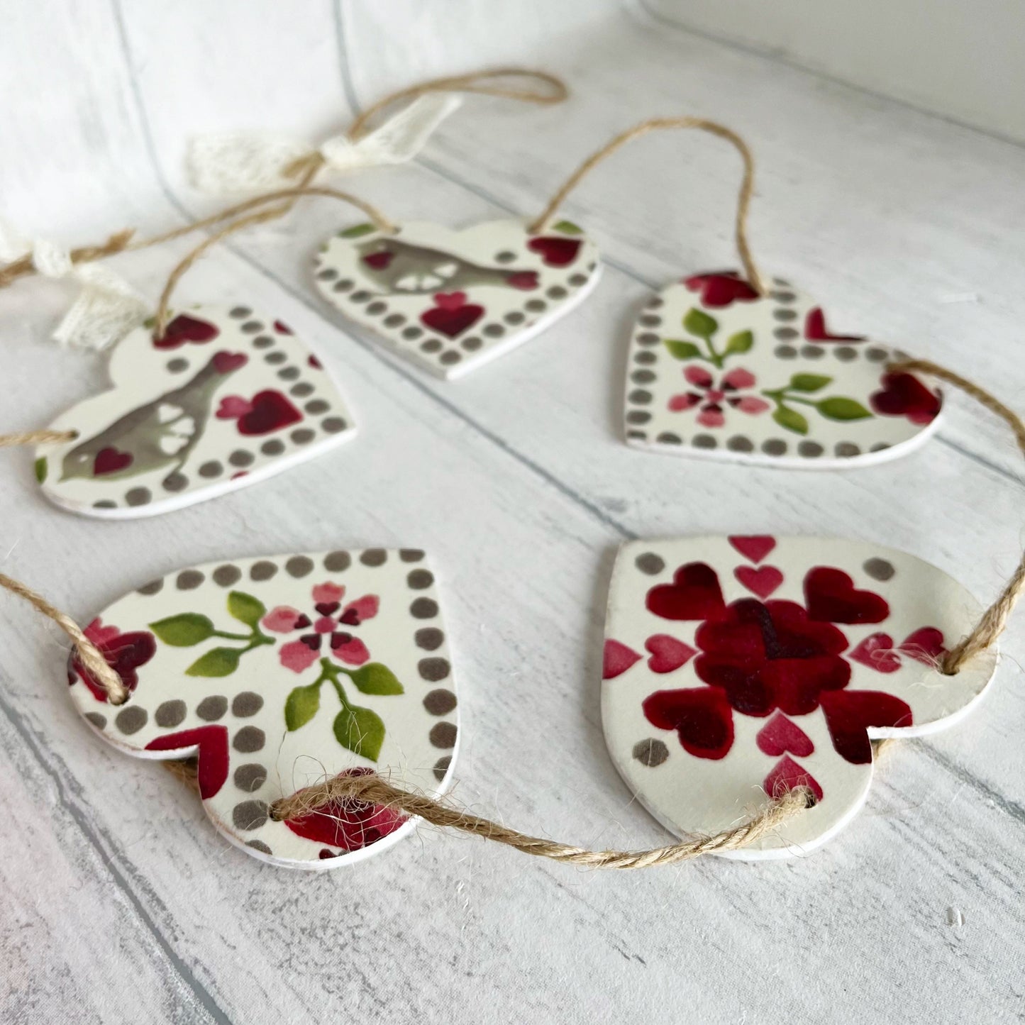 Valentines Themed Handmade Wooden Heart Bunting. Emma Bridgewater Love Birds Heart Garland
