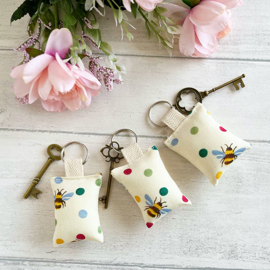 Bees and Polka Dots Handmade Fabric Key Rings Made Using Upcycled Emma Bridgewater Tea Towel