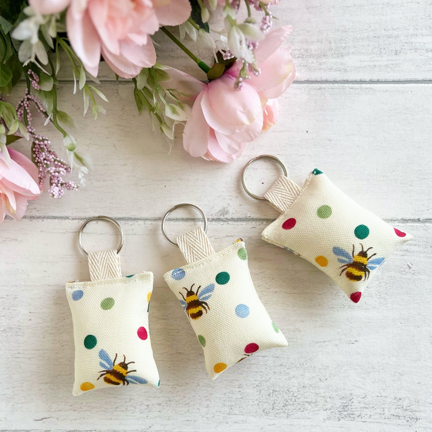 Bees and Polka Dots Handmade Fabric Key Rings Made Using Upcycled Emma Bridgewater Tea Towel