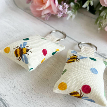 Bees and Polka Dots Handmade Fabric Key Rings Made Using Upcycled Emma Bridgewater Tea Towel