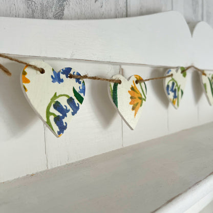 Spring Themed Wooden Mini Heart Bunting Garland. Emma Bridgewater Bluebell and Celandine Decoupaged
