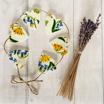 Spring Themed Wooden Mini Heart Bunting Garland. Emma Bridgewater Bluebell and Celandine Decoupaged