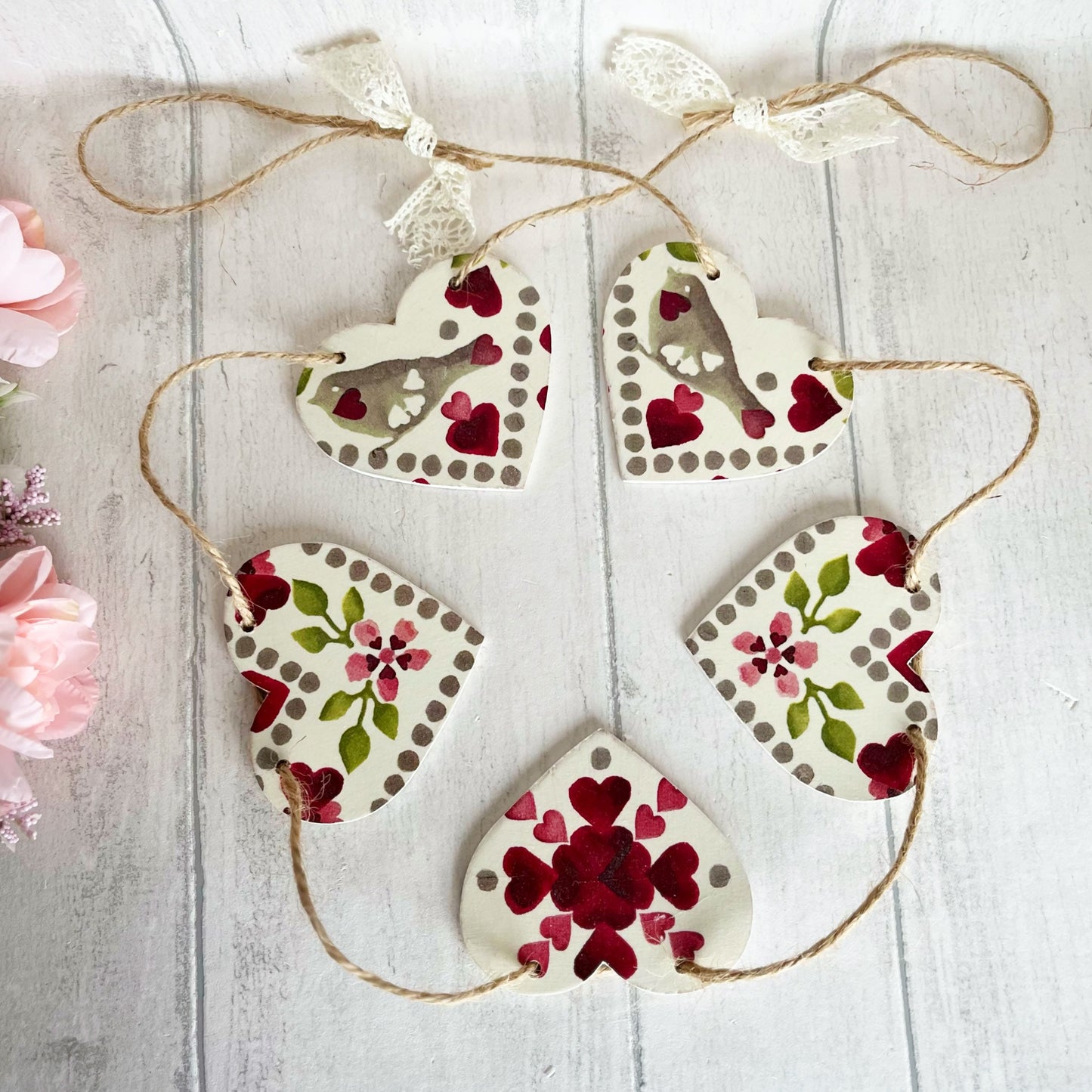 Valentines Themed Handmade Wooden Heart Bunting. Emma Bridgewater Love Birds Heart Garland