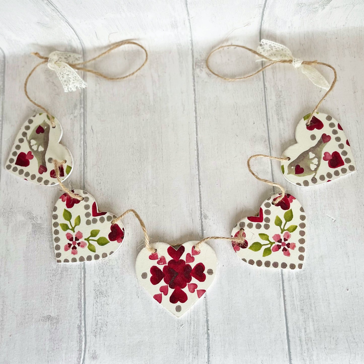 Valentines Themed Handmade Wooden Heart Bunting. Emma Bridgewater Love Birds Heart Garland