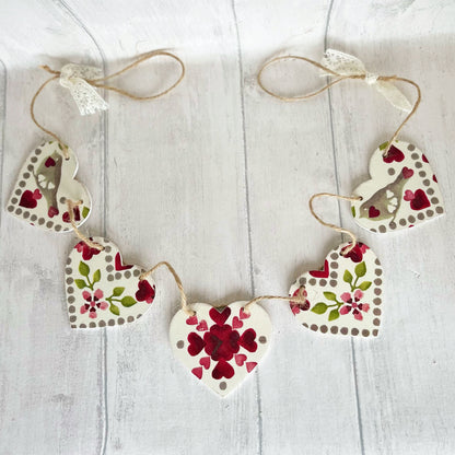 Valentines Themed Handmade Wooden Heart Bunting. Emma Bridgewater Love Birds Heart Garland