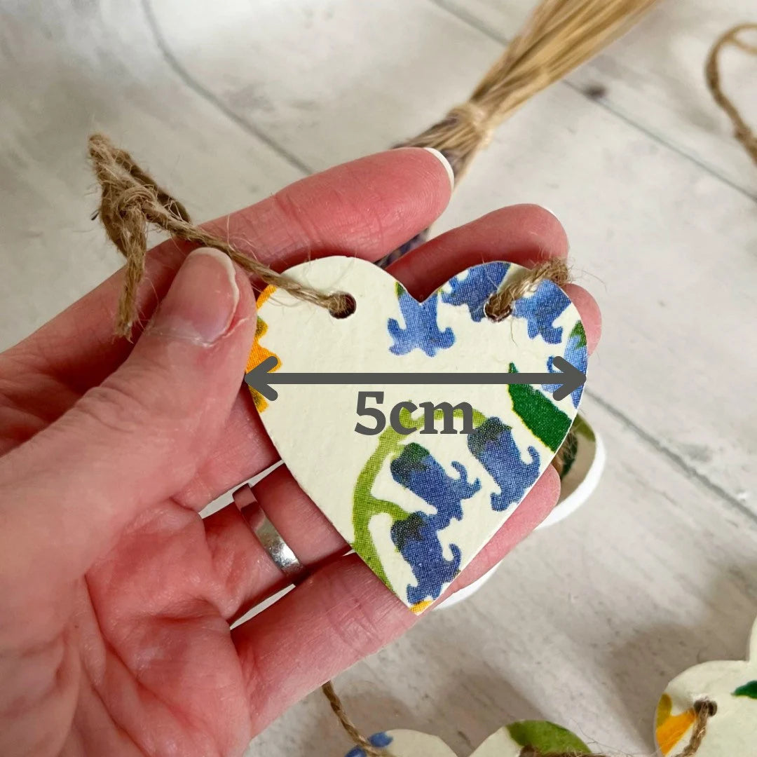 Spring Themed Wooden Mini Heart Bunting Garland. Emma Bridgewater Bluebell and Celandine Decoupaged